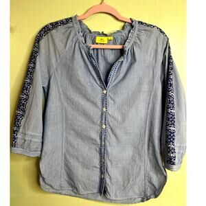 Roller Rabbit Womens Top Blue Striped V Neck Blouse Floral 3/4 Sleeve, Size XS